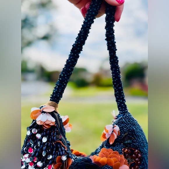 Navy Floral Sequin & Beaded Statement Shoulder Bag – Rare Viral Find ✨ - Picture 4 of 13